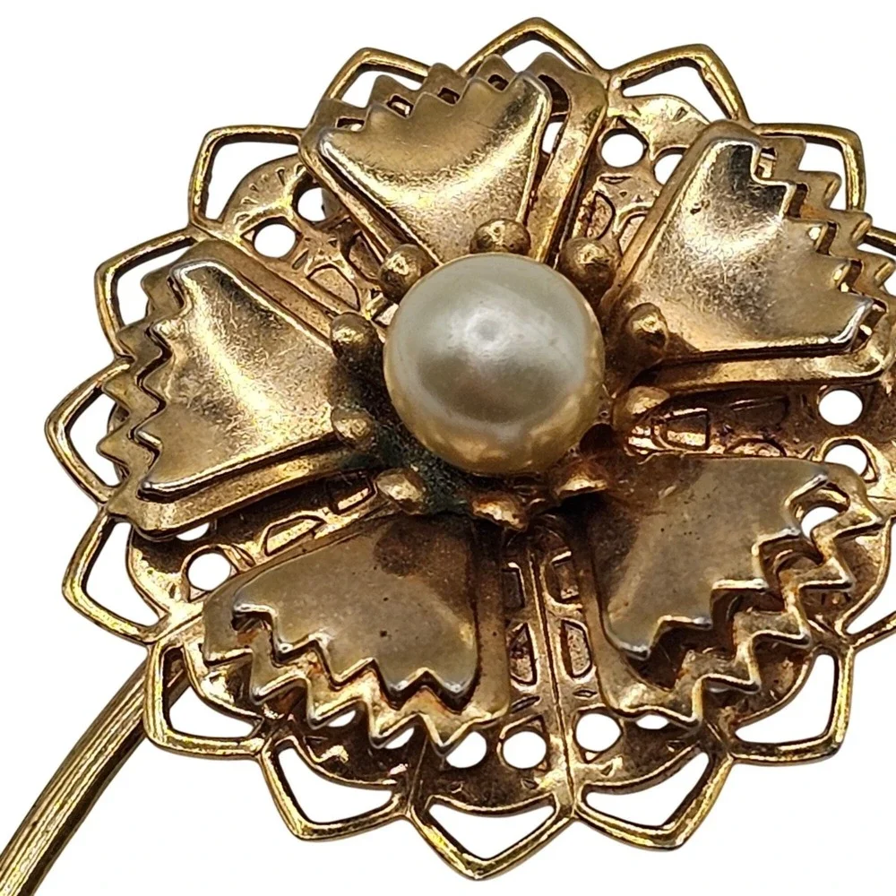 Vtg Brooch Lot 2pc Gold Tone Faux Pearl Statement 2.5
